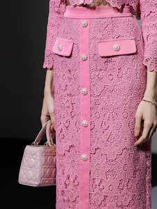 2PS Pink Peter Pan Collar Lace Long Sleeve Top With Pearl Buttons Wrap Skirt Set