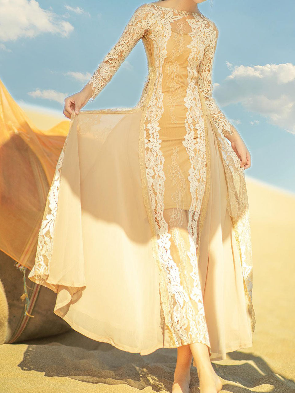 Apricot Boat Neck Lace Swing Dress With Backless, Apricot / L Apricot Boat Neck Lace Swing Dress With Backless, Apricot / L