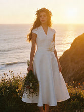 Load image into Gallery viewer, Women's White Satin Cap Sleeve Dress for Wedding Midi Dress