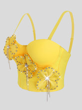 Load image into Gallery viewer, Yellow Rhinestone Flower Corset Top Vintage Style Strappy Bustier