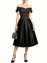 Load image into Gallery viewer, Women's 1950s Vintage Off Shoulder Polka Dot Swing Dress | Black and White Midi