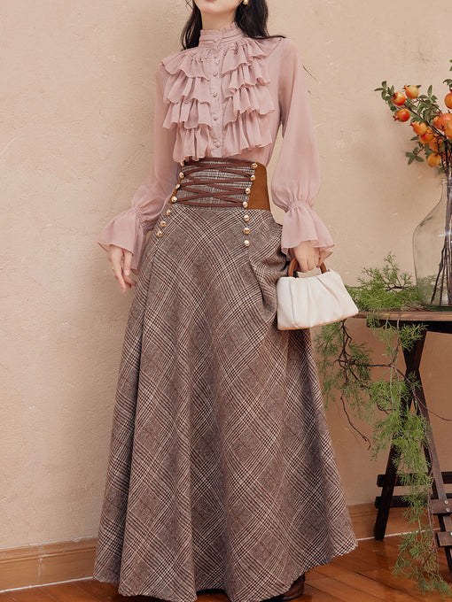 2PS Pink Ruffles Shirt and Plaid Brown Swing Skirt Suit Women Vintage Medieval Victorian Dress