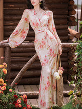 Load image into Gallery viewer, 1970S Pink V Neck Floral Print Long Sleeve Fishtail Maxi Dress