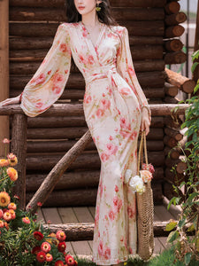 1970S Pink V Neck Floral Print Long Sleeve Fishtail Maxi Dress