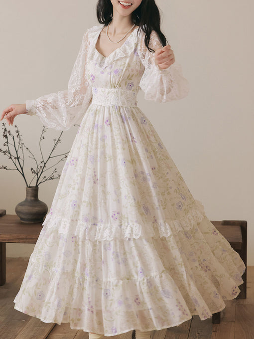White Floral Lace Gown Cottagecore Wedding Dress