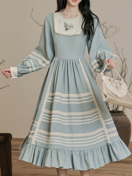 Edwardian Style Lace Blue Long Sleeve Vintage Dress