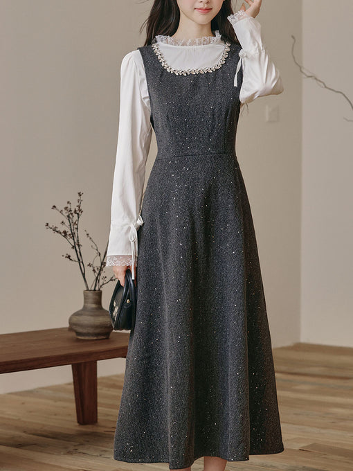 2PS Vintage White Top and Grey Sequin Lace Dress Set