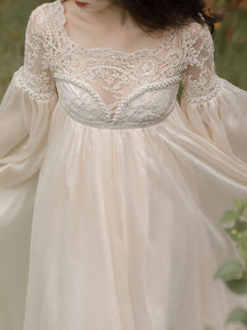 White Lace Lantern Sleeves Romantic Wedding Dress with Tail Inspired By Sleeping Beauty