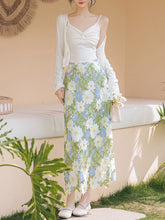 Load image into Gallery viewer, 3PS White Spaghetti Strap 1950S Top and Green Lace Skirt Set With Long Sleeve Cardigan