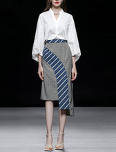 Load image into Gallery viewer, 2PS White 1950S Vintage V Neck Classic Top And Blue Irregular Skirt Suit