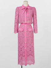 Load image into Gallery viewer, 2PS Pink Peter Pan Collar Lace Long Sleeve Top With Pearl Buttons Wrap Skirt Set