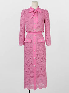 2PS Pink Peter Pan Collar Lace Long Sleeve Top With Pearl Buttons Wrap Skirt Set
