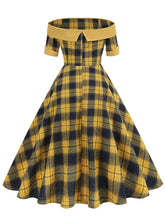 Load image into Gallery viewer, Off the Shoulder 1950s Plaid Vintage Swing Dress