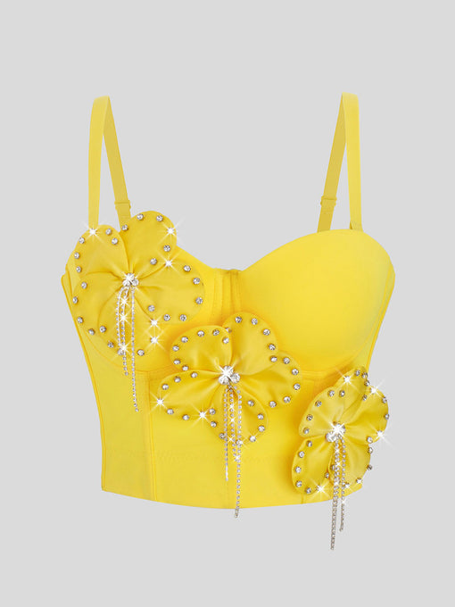 Yellow Rhinestone Flower Corset Top Vintage Style Strappy Bustier