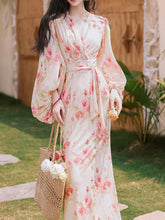 Load image into Gallery viewer, 1970S Pink V Neck Floral Print Long Sleeve Fishtail Maxi Dress