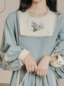 Edwardian Style Lace Blue Long Sleeve Vintage Dress