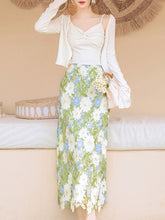 Load image into Gallery viewer, 3PS White Spaghetti Strap 1950S Top and Green Lace Skirt Set With Long Sleeve Cardigan