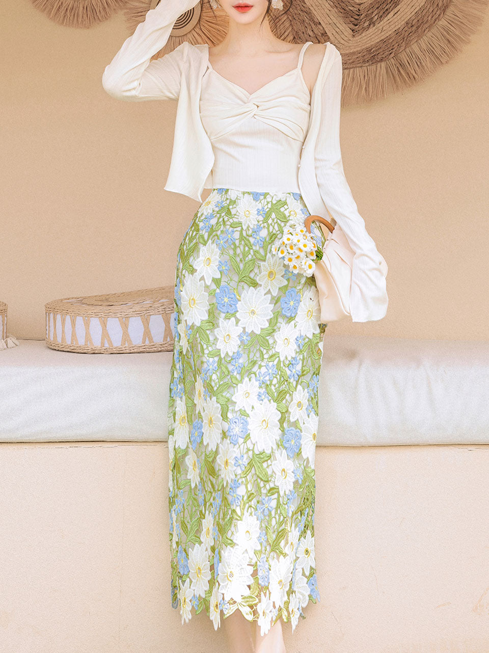 3PS White Spaghetti Strap 1950S Top and Green Lace Skirt Set With Long Sleeve Cardigan