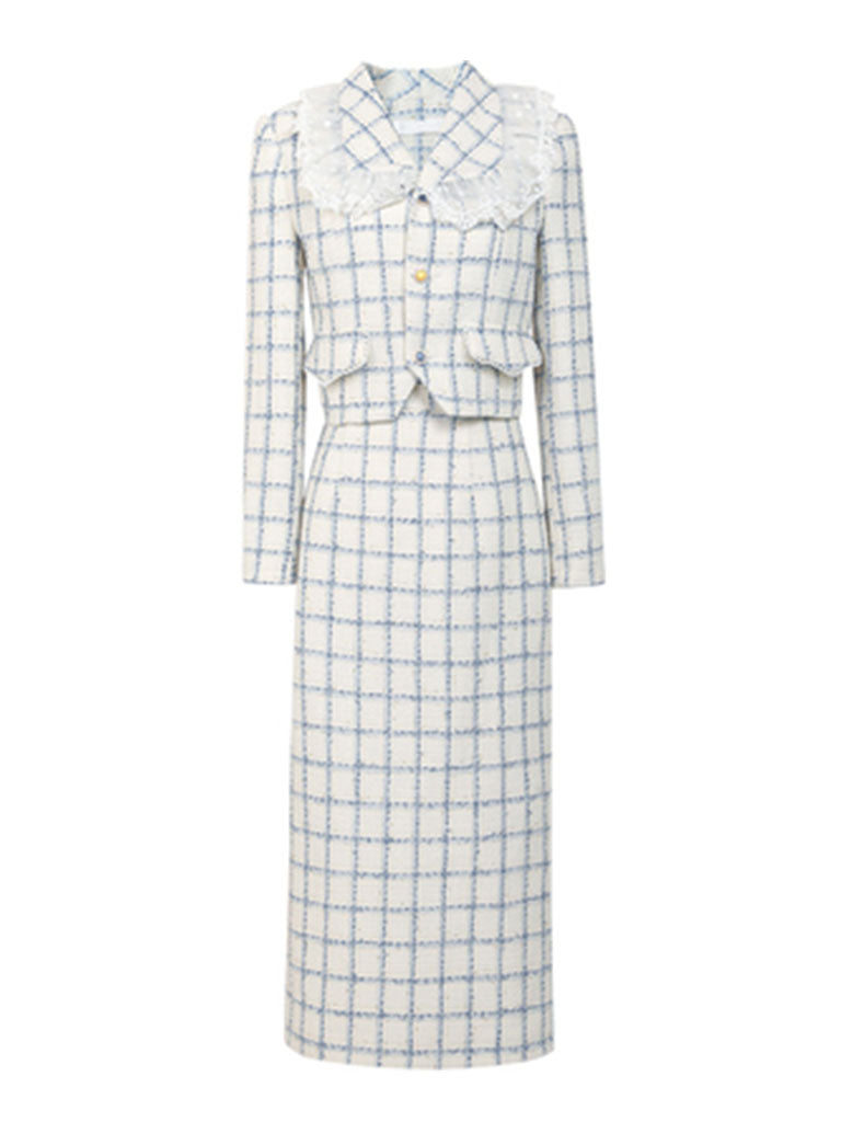 2PS Blue and White Plaid Tweed Fabric Women's Top And Wrap Skirt Suit