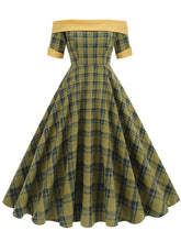 Load image into Gallery viewer, Off the Shoulder 1950s Plaid Vintage Swing Dress