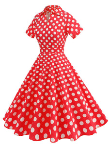Red Polka Dots V Neck Short Sleeve Swing Vintage 1950S Dress