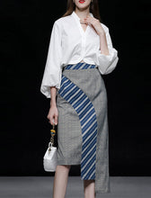 Load image into Gallery viewer, 2PS White 1950S Vintage V Neck Classic Top And Blue Irregular Skirt Suit