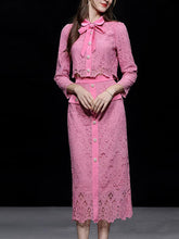 Load image into Gallery viewer, 2PS Pink Peter Pan Collar Lace Long Sleeve Top With Pearl Buttons Wrap Skirt Set