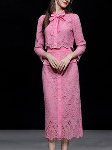 2PS Pink Peter Pan Collar Lace Long Sleeve Top With Pearl Buttons Wrap Skirt Set