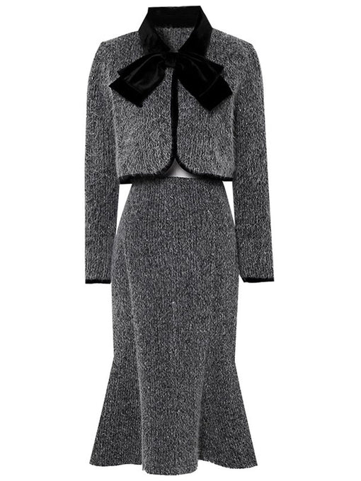 2PS Grey Bow Tweed Fabric Women's Top And Fishtail Skirt Suit