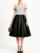 Load image into Gallery viewer, Women's 1950s Vintage Off Shoulder Polka Dot Swing Dress | Black and White Midi