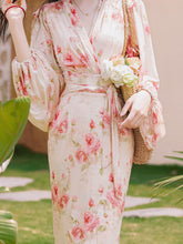 Load image into Gallery viewer, 1970S Pink V Neck Floral Print Long Sleeve Fishtail Maxi Dress