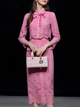 Load image into Gallery viewer, 2PS Pink Peter Pan Collar Lace Long Sleeve Top With Pearl Buttons Wrap Skirt Set