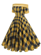 Load image into Gallery viewer, Off the Shoulder 1950s Plaid Vintage Swing Dress