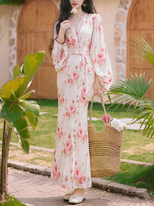 1970S Pink V Neck Floral Print Long Sleeve Fishtail Maxi Dress