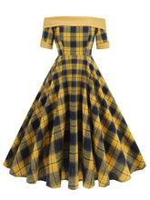 Load image into Gallery viewer, Off the Shoulder 1950s Plaid Vintage Swing Dress