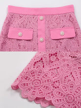 Load image into Gallery viewer, 2PS Pink Peter Pan Collar Lace Long Sleeve Top With Pearl Buttons Wrap Skirt Set