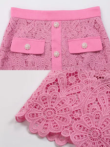 2PS Pink Peter Pan Collar Lace Long Sleeve Top With Pearl Buttons Wrap Skirt Set