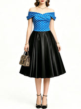 Load image into Gallery viewer, Women's 1950s Vintage Off Shoulder Polka Dot Swing Dress | Black and White Midi