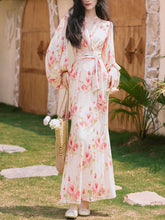 Load image into Gallery viewer, 1970S Pink V Neck Floral Print Long Sleeve Fishtail Maxi Dress
