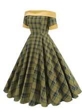 Load image into Gallery viewer, Off the Shoulder 1950s Plaid Vintage Swing Dress