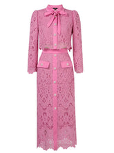 Load image into Gallery viewer, 2PS Pink Peter Pan Collar Lace Long Sleeve Top With Pearl Buttons Wrap Skirt Set