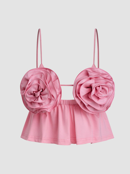 Vintage Strappy Camisole Top with Large Flower Decoration