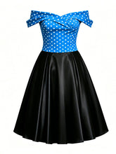 Load image into Gallery viewer, Women's 1950s Vintage Off Shoulder Polka Dot Swing Dress | Black and White Midi