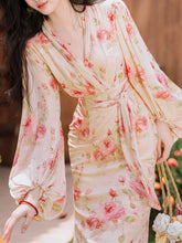 Load image into Gallery viewer, 1970S Pink V Neck Floral Print Long Sleeve Fishtail Maxi Dress