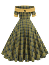Load image into Gallery viewer, Off the Shoulder 1950s Plaid Vintage Swing Dress