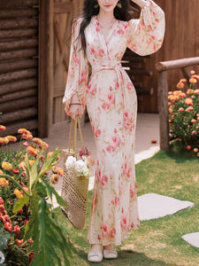 1970S Pink V Neck Floral Print Long Sleeve Fishtail Maxi Dress