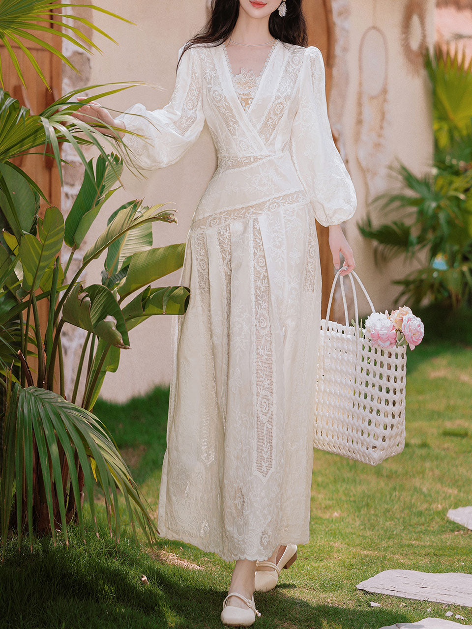 1950S White V Neck Lace Long Sleeve Swing Dress Jolly Vintage 1950S White V Neck Lace Long Sleeve Swing Dress Jolly Vintage