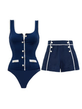 Load image into Gallery viewer, Women's Navy One-Piece Swimsuit with Detachable Shorts Swimwear Set