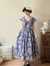 Load image into Gallery viewer, 1950s Audrey Hepburn style Vintage Lavender Floral Dress | Retro V Neck Bow Rockabilly Swing Dress