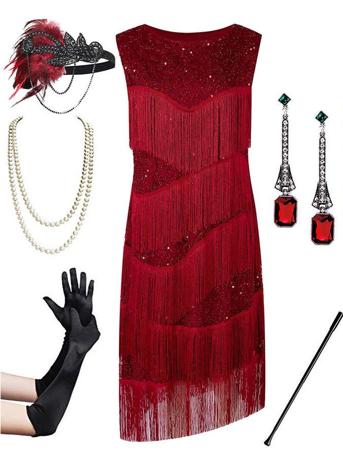 Wine Red Sexy Gatsby Glitter Fringe 1920s Flapper Dress Set